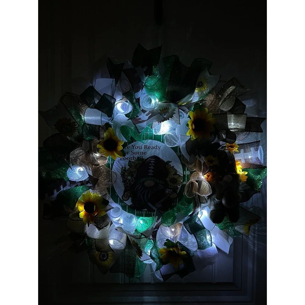 Handmade Football Gnome Ribbon Welcome Door Wreath Leaf 22 in LED Fall W4